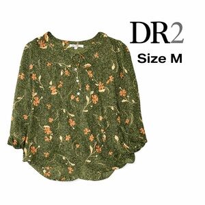 DR2 Women’s Green Floral Blouse Size M Boho Button Front Long Sleeve Top